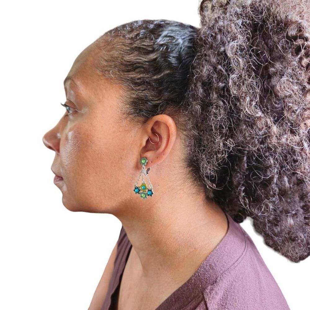 Vintage floral screw-back clip on earrings with dangling silver-tone chains